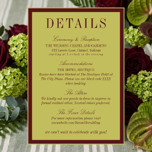 Elegant Chartreuse Burgundy Wedding Details Enclosure Card