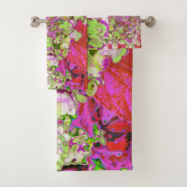 Elegant Chartreuse Green, Pink and Blue Hydrangea Bath Towel Set (Insitu)