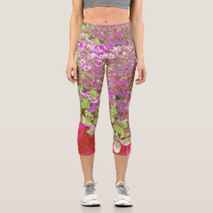 Elegant Chartreuse Green, Pink and Blue Hydrangea Capri Leggings