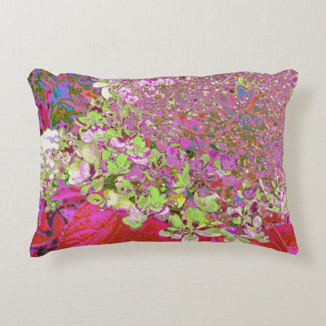 Elegant Chartreuse Green, Pink and Blue Hydrangea Decorative Cushion (Front)