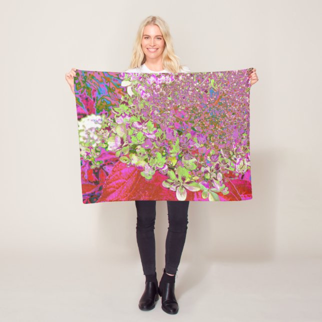 Elegant Chartreuse Green, Pink and Blue Hydrangea Fleece Blanket (In Situ)