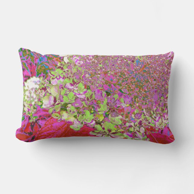 Elegant Chartreuse Green, Pink and Blue Hydrangea Lumbar Cushion (Front)