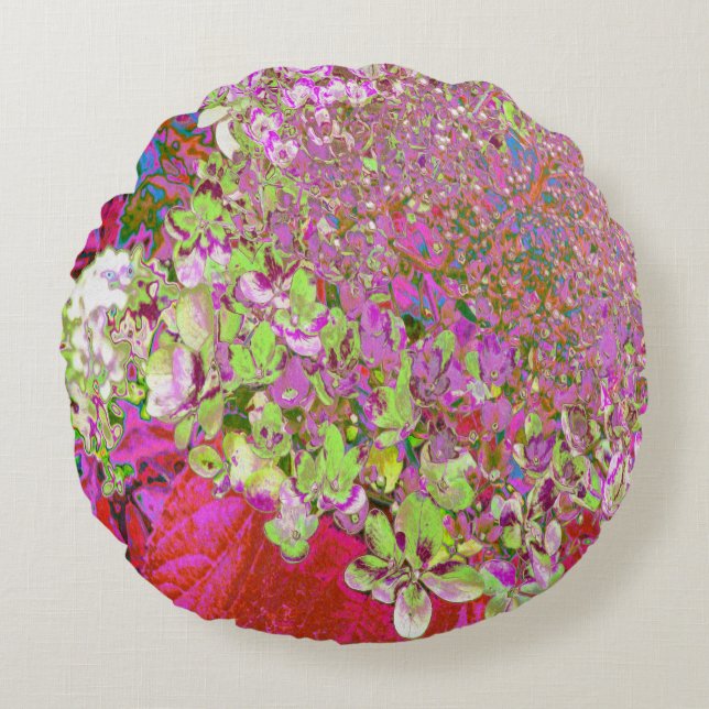 Elegant Chartreuse Green, Pink and Blue Hydrangea Round Cushion (Front)