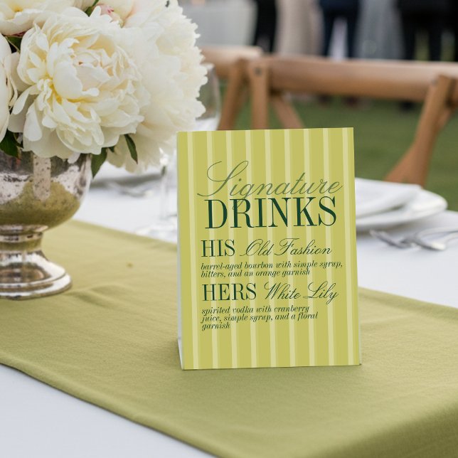 Elegant Chartreuse Stripe Signature Drinks Wedding Pedestal Sign (Elegant Chartreuse Stripe Signature Drinks Wedding Pedestal Sign)
