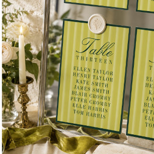 Elegant Chartreuse Striped Wedding Seating Chart Table Number