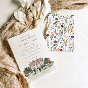 Elegant Chateau   Watercolor English Manor Wedding Invitation