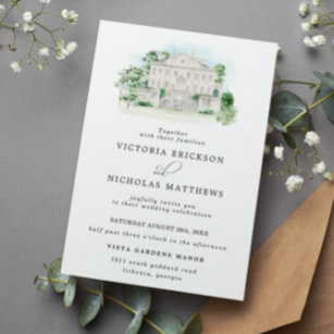 Elegant Chateau   Watercolor Manor Wedding Invitation