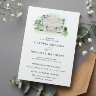 Elegant Chateau Watercolor Manor Wedding Invitation