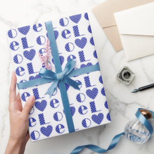 Elegant Checkered Royal Blue Love Hearts Pattern Wrapping Paper