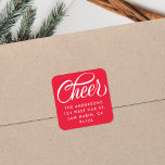 Elegant Cheer Script Christmas Return Address Red Square Sticker<br><div class="desc">This modern holiday sticker features an elegant calligraphy script "Cheers" and modern typography for your name and return address over a festive red background. This stamp is a chic way to customise your holiday envelopes and coordinates with our "Elegant Festive Script" collection.</div>