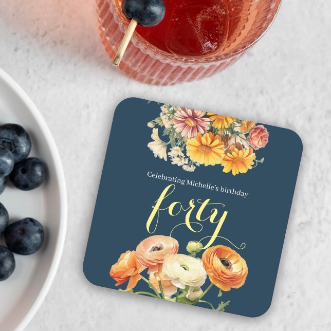  Elegant Cheerful Floral 40th Birthday Party Square Paper Coaster (Creator Uploaded)