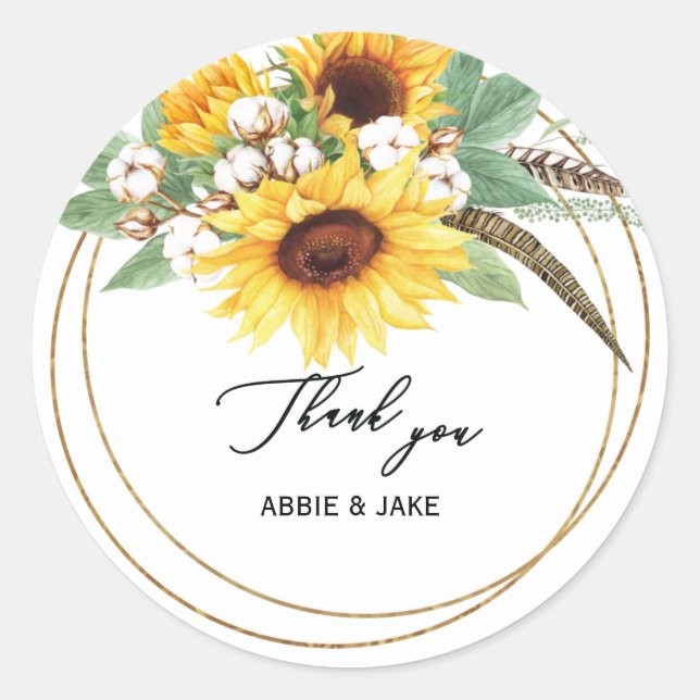 Elegant & Cheerful Sunflower Feather Wedding Classic Round Sticker (Front)