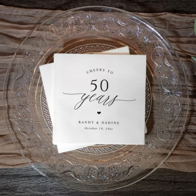 Elegant Cheers 50th Wedding Anniversary Party Napkin (Black and white cheers to 50 years cocktail napkins with elegant script)