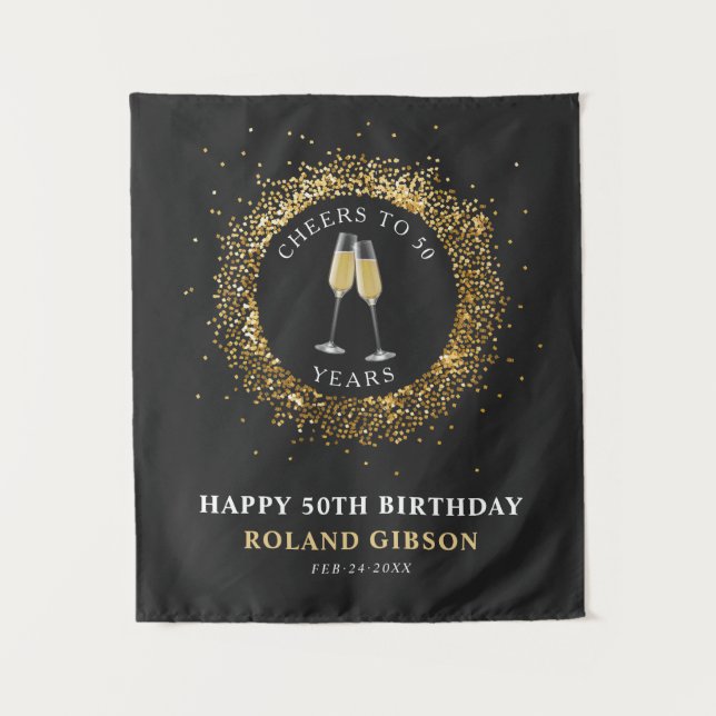 Elegant Cheers Black and Gold Birthday Backdrop Tapestry (Front)