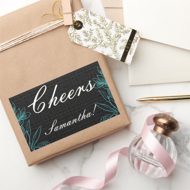Elegant Cheers Name Black Floral  Rectangular Sticker (Gifting)