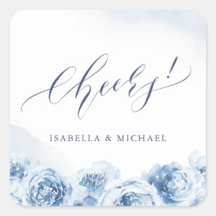Elegant cheers script blue watercolor floral favou square sticker