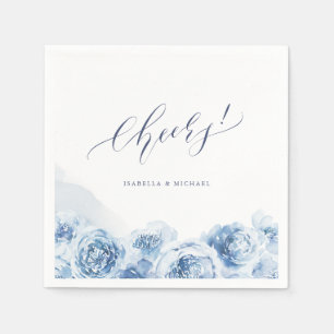 Elegant cheers script blue watercolor floral napkin