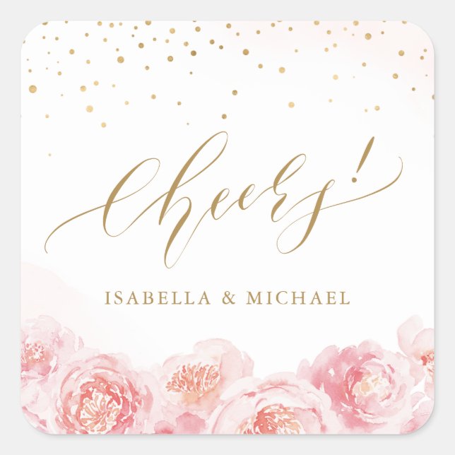 Elegant cheers script gold & blush floral favour square sticker (Front)
