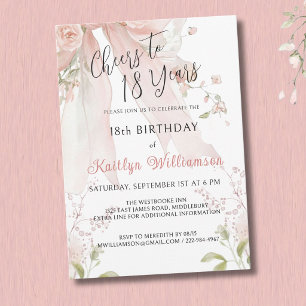 Elegant Cheers to 18 Years Pink Bow Floral Invitation