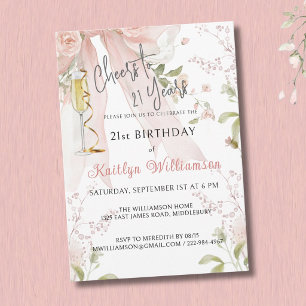 Elegant Cheers to 21 Years Pink Bow Floral Invitation