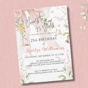 Elegant Cheers to 25 Years Pink Bow Floral  Invitation