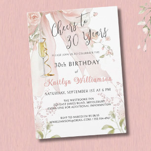 *Elegant Cheers to 30 Years Pink Bow Floral   Invitation
