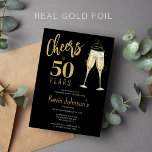 Elegant cheers to 50 years 50th birthday party<br><div class="desc">Modern luxury gold foil trendy handwriting script cheers to 50 years black birthday party invitation with champagne glasses. Please note that you can change the gold colour of the foil to rose gold or silver.</div>