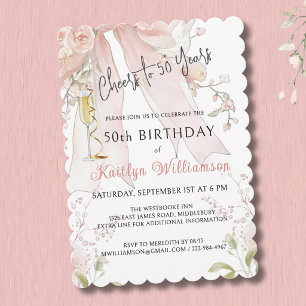 Elegant Cheers to 50 Years Pink Bow Floral   Invitation