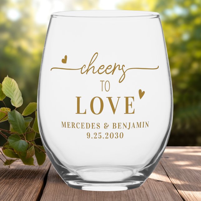 Elegant Cheers To Love Custom Gold Hearts Wedding  Stemless Wine Glass (Creator Uploaded)