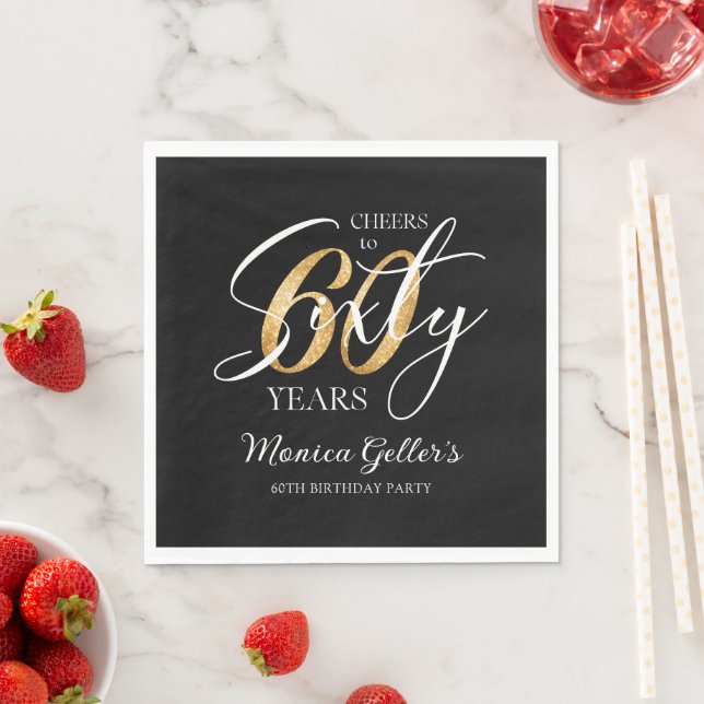 Elegant Cheers to Sixty | 60th Black Gold Birthday Napkin (Insitu)