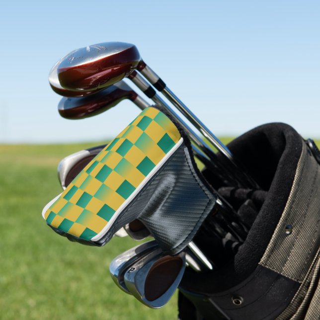 Elegant chequered pattern in green and gold  golf head cover (In Situ)