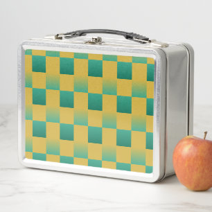 Elegant chequered pattern in green and gold metal lunch box