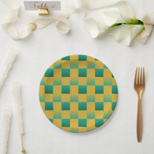 Elegant chequered pattern in green and gold paper plate