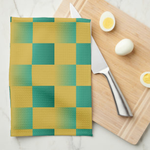 Elegant chequered pattern in green and gold  tea towel