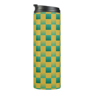 Elegant chequered pattern in green and gold thermal tumbler