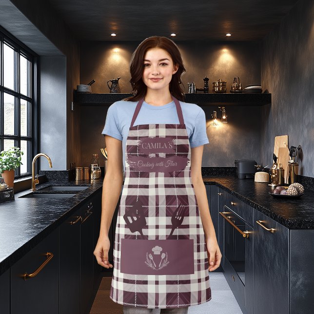 Elegant Chequered Plaid in Burgundy Cooking tools Apron (Creator Uploaded)
