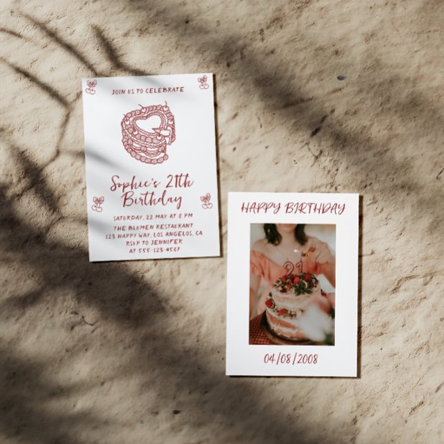 Elegant Cherry Birthday Invitation with Heart Cake (Creator Uploaded)