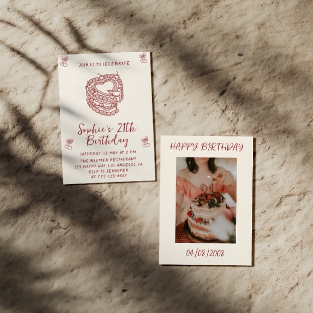 Elegant Cherry Birthday Invitation with Heart Cake (Creator Uploaded)