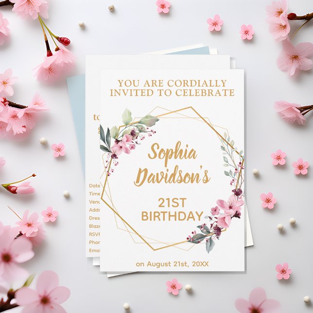 Elegant Cherry Blossom 21st Birthday Invitations (Golden Blooms, Milestone Wishes! 🌸🌟)