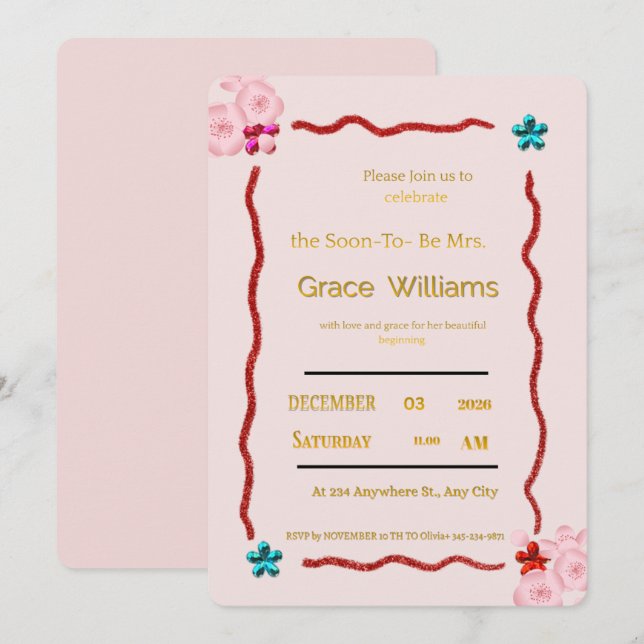Elegant Cherry Blossom and Gold Script Pink Bridal Invitation (Front/Back)