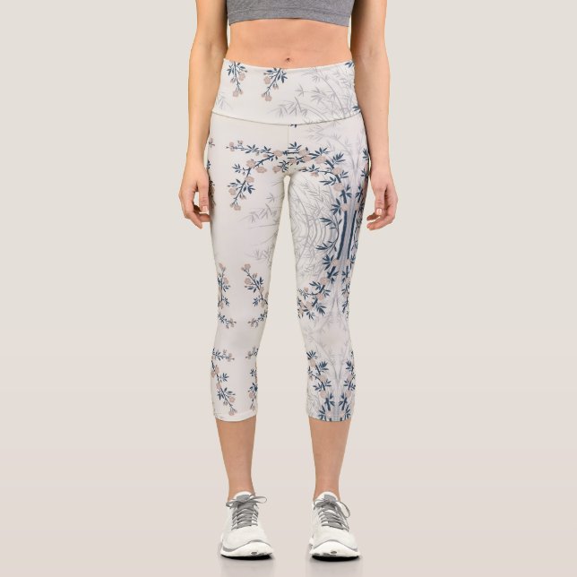 Elegant Cherry Blossom Bamboo Floral White Capri Leggings (Front)