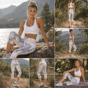 Elegant Cherry Blossom Bamboo Floral White Capri Leggings