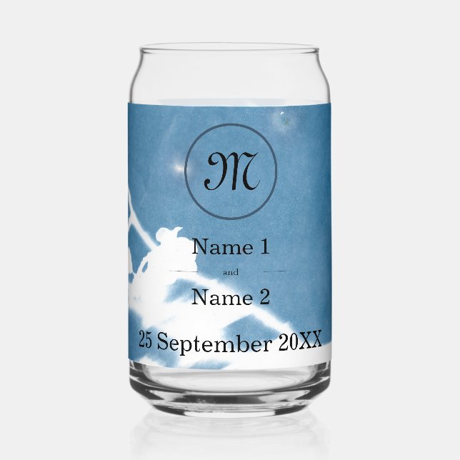 Elegant Cherry Blossom Cyanotype Wedding Invite  Can Glass (Back)