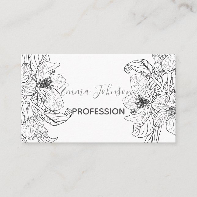 Elegant Cherry Blossom Flowers Black White Botanic Business Card (Front)