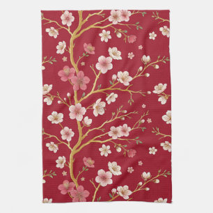 Elegant Cherry Blossom Gold Branch Tea Towel