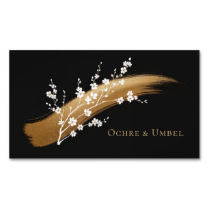 Elegant Cherry Blossom Gold Brushstroke Black Magnetic Business Card