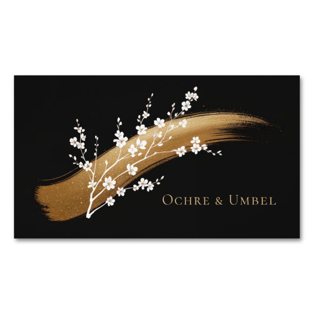 Elegant Cherry Blossom Gold Brushstroke Black Magnetic Business Card (Front)
