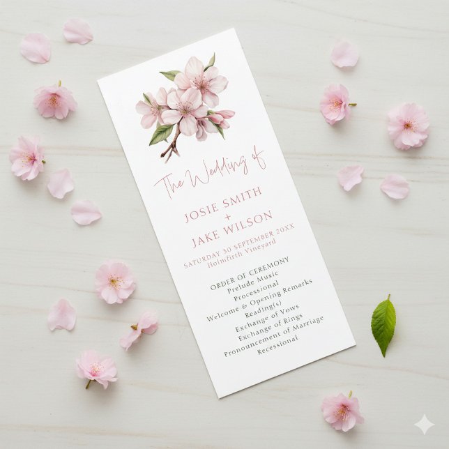 Elegant Cherry Blossom minimal wedding Ceremony Programme (Cherry blossom, pink wedding program.)