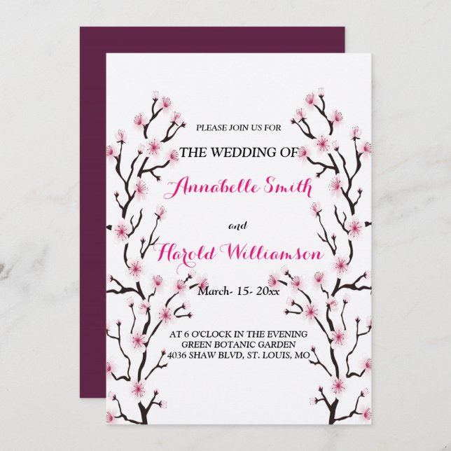Elegant Cherry Blossom Pink floral Wedding Invitation (Front/Back)