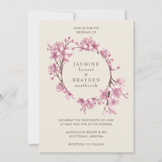 Elegant Cherry Blossom Pink Floral Wedding Invitation (Front)
